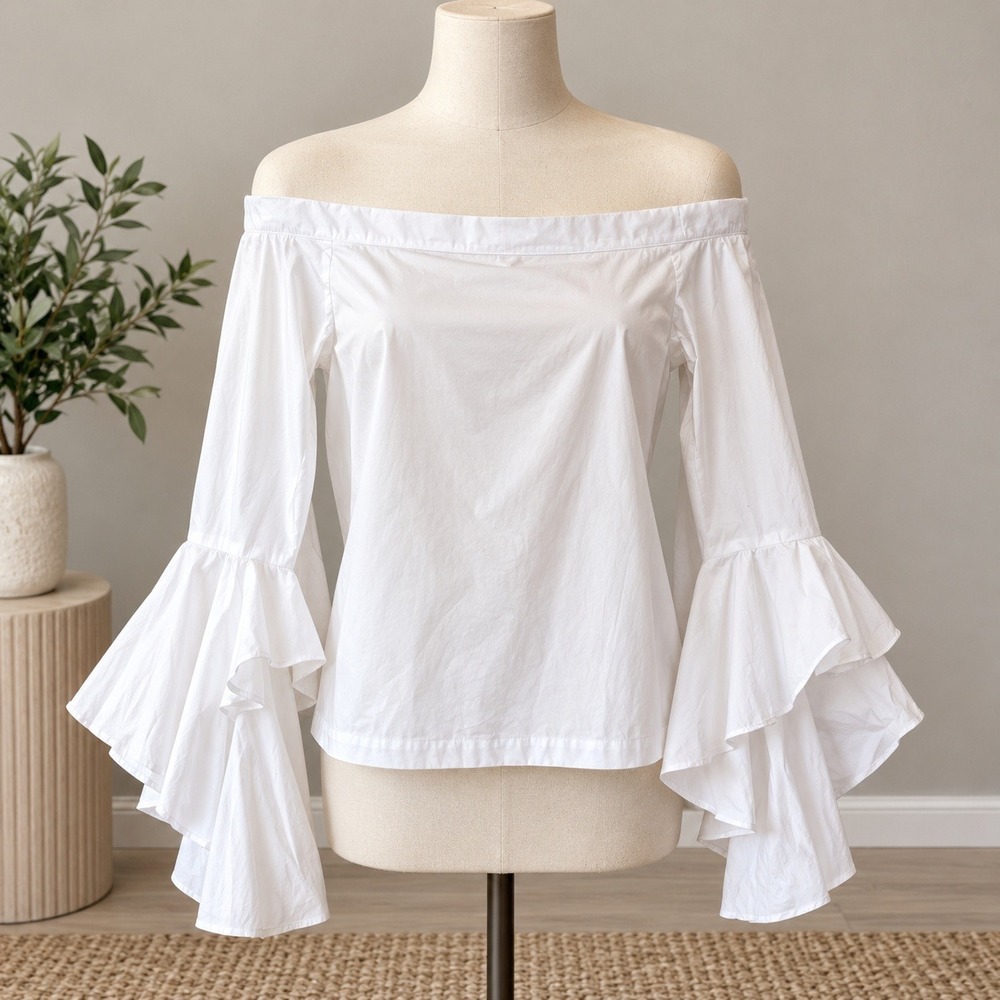 1.STATE Off The Shoulder Top White Tiered Ruffle Bell Sleeve Blouse Sz Large
